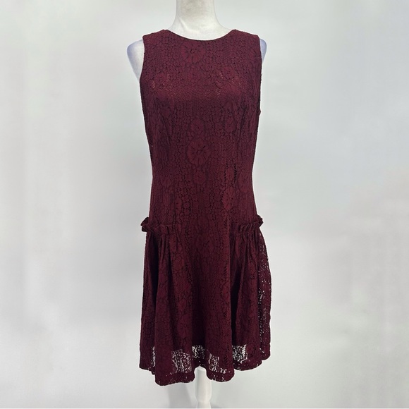 Gabby Skye Burgundy Red Sleeveless Lace Overlay Drop Waist Dress Size 14 - Picture 3 of 15